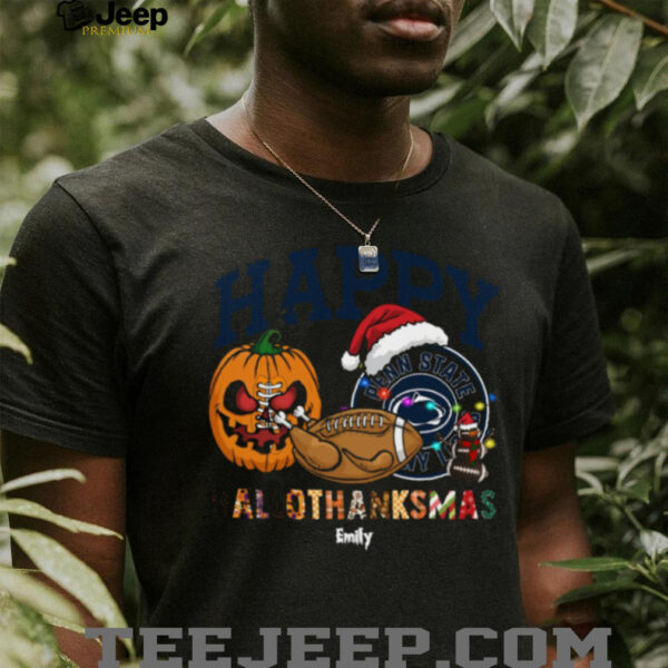 Custom Penn State Nittany Lions HalloThanksMas Shirt, Festive Holiday Tee with Pumpkin Football Santa Hat, NCAA Gift for Halloween Thanksgiving Christmas