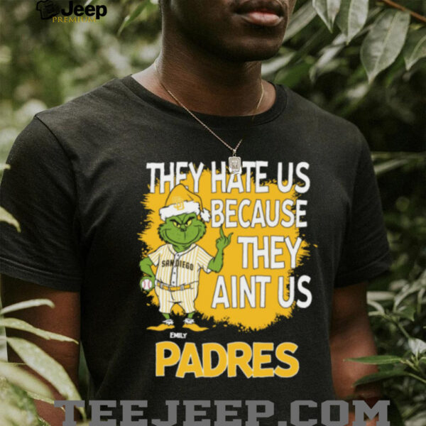 Custom San Diego Padres Grinch Christmas Shirt, Funny Santa Baseball Tee with Quote They Hate Us Ain’t Us, MLB Fan Gift Idea