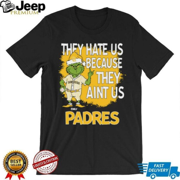 Custom San Diego Padres Grinch Christmas Shirt, Funny Santa Baseball Tee with Quote They Hate Us Ain’t Us, MLB Fan Gift Idea
