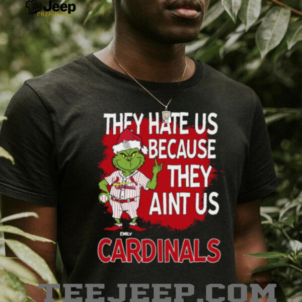 Custom St. Louis Cardinals Christmas Shirt, Funny Grinch Santa Baseball Tee with Quote They Hate Us Ain’t Us, MLB Fan Gift