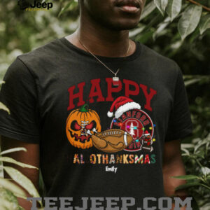 Custom Stanford Cardinal HalloThanksMas Shirt, Festive Holiday Tee with Pumpkin Football Santa Hat, NCAA Fan Gift for Halloween Thanksgiving Christmas