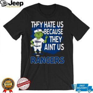 Custom Texas Rangers Christmas Shirt, Funny Grinch Santa Baseball Tee with Quote They Hate Us Ain’t Us, MLB Fan Gift