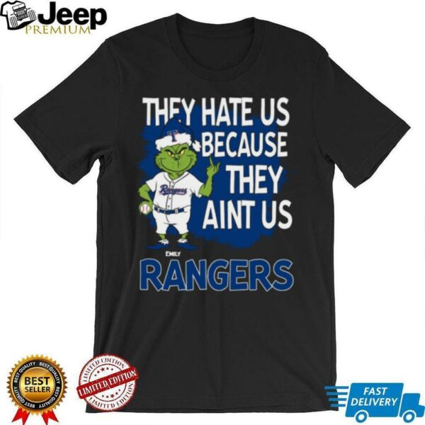 Custom Texas Rangers Christmas Shirt, Funny Grinch Santa Baseball Tee with Quote They Hate Us Ain’t Us, MLB Fan Gift