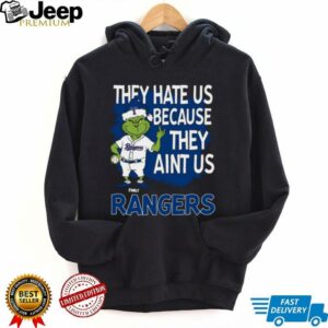 Custom Texas Rangers Christmas Shirt, Funny Grinch Santa Baseball Tee with Quote They Hate Us Ain’t Us, MLB Fan Gift