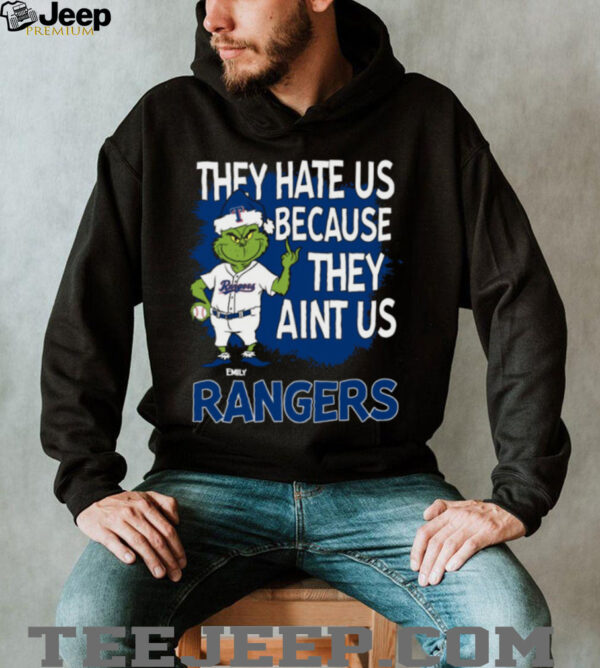 Custom Texas Rangers Christmas Shirt, Funny Grinch Santa Baseball Tee with Quote They Hate Us Ain’t Us, MLB Fan Gift
