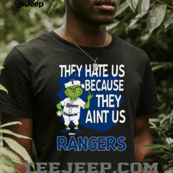 Custom Texas Rangers Christmas Shirt, Funny Grinch Santa Baseball Tee with Quote They Hate Us Ain’t Us, MLB Fan Gift