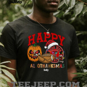 Custom Texas Tech Red Raiders HalloThanksMas Shirt, Cute Holiday Tee with Pumpkin Santa Hat Football, NCAA Gift for Halloween Thanksgiving Christmas