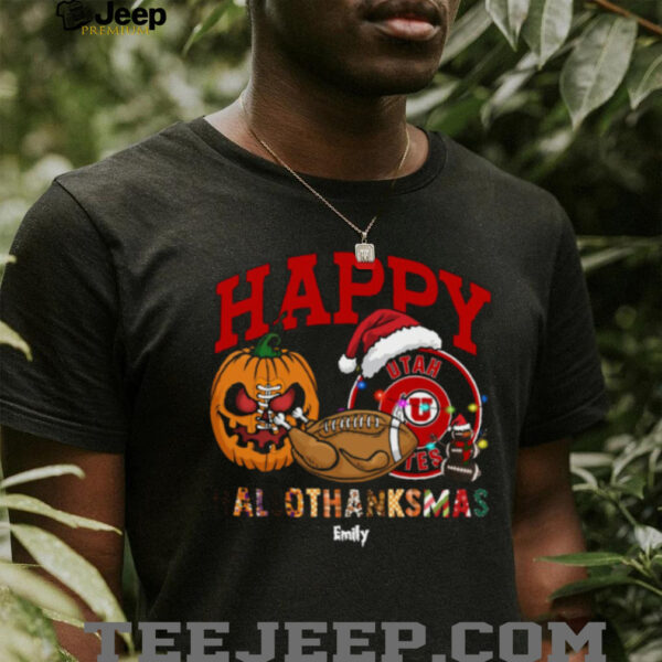 Custom Utah Utes HalloThanksMas Shirt, Festive Holiday Tee with Pumpkin Football Santa Hat, NCAA Gift for Halloween Thanksgiving Christmas