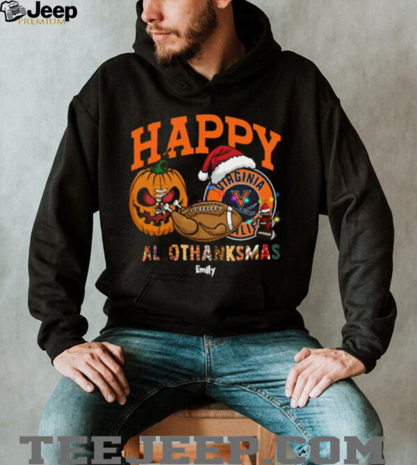 Custom Virginia Cavaliers HalloThanksMas Shirt, Cute Holiday Tee with Pumpkin Santa Hat Football, NCAA Gift for Halloween Thanksgiving Christmas