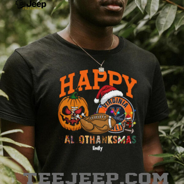 Custom Virginia Cavaliers HalloThanksMas Shirt, Cute Holiday Tee with Pumpkin Santa Hat Football, NCAA Gift for Halloween Thanksgiving Christmas