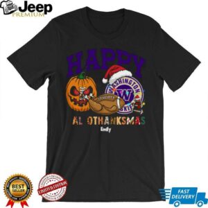 Custom Washington Huskies HalloThanksMas Shirt, Cute Holiday Tee with Pumpkin Santa Hat Football, NCAA Gift for Halloween Thanksgiving Christmas
