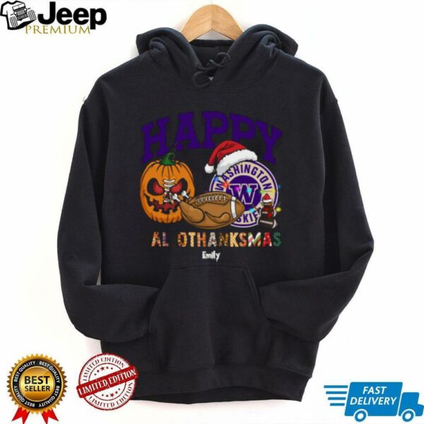 Custom Washington Huskies HalloThanksMas Shirt, Cute Holiday Tee with Pumpkin Santa Hat Football, NCAA Gift for Halloween Thanksgiving Christmas