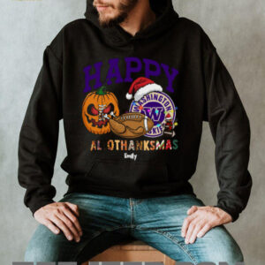 Custom Washington Huskies HalloThanksMas Shirt, Cute Holiday Tee with Pumpkin Santa Hat Football, NCAA Gift for Halloween Thanksgiving Christmas