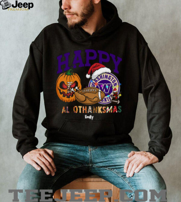 Custom Washington Huskies HalloThanksMas Shirt, Cute Holiday Tee with Pumpkin Santa Hat Football, NCAA Gift for Halloween Thanksgiving Christmas