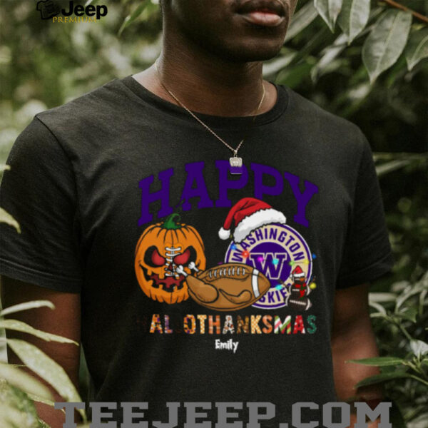 Custom Washington Huskies HalloThanksMas Shirt, Cute Holiday Tee with Pumpkin Santa Hat Football, NCAA Gift for Halloween Thanksgiving Christmas