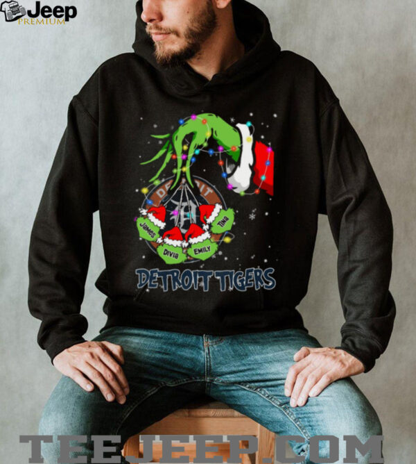 Detroit Tigers Grinch Christmas Lights Tee – Custom Name MLB Fan Shirt – Unique Holiday Baseball Gift