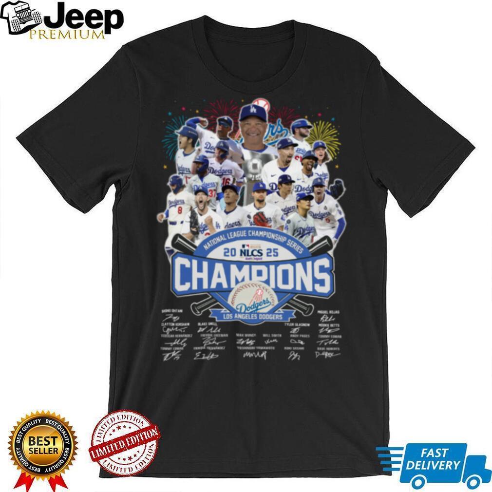Dodgers Team Photo 2025 NLCS Champions Trophy Signatures TShirt Dodgers Team Photo 2025 NLCS Champions Trophy Signatures TShirt