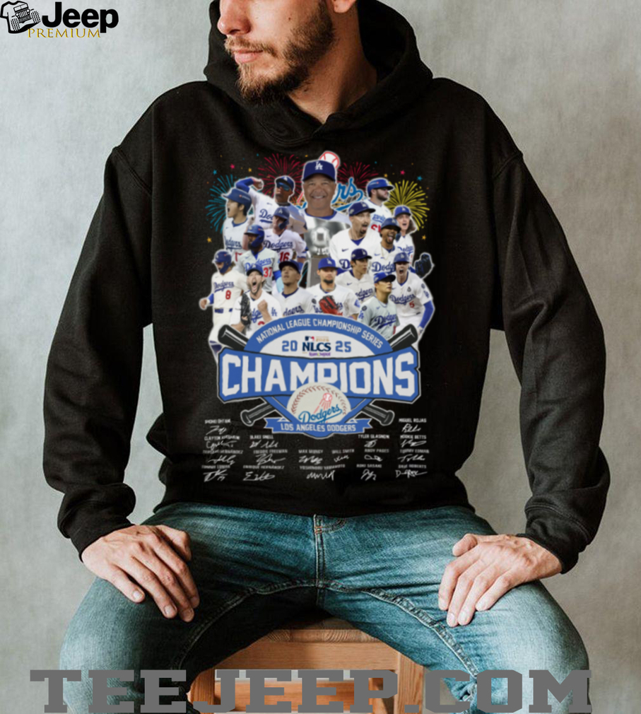 Dodgers Team Photo 2025 NLCS Champions Trophy Signatures TShirt Dodgers Team Photo 2025 NLCS Champions Trophy Signatures TShirt