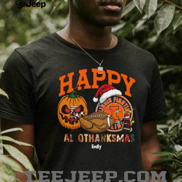 Funny HalloThanksMas Illinois Fighting Illini Shirt, Personalized Holiday Tee with Pumpkin Football Santa Hat, NCAA Gift for Halloween Thanksgiving Christmas