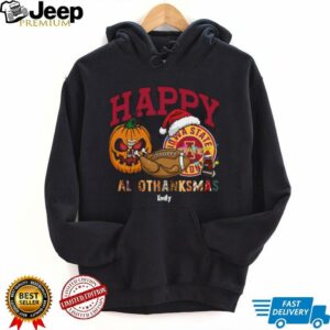 Funny HalloThanksMas Iowa State Cyclones Shirt, Personalized Holiday Tee with Pumpkin Football Santa Hat, NCAA Fan Gift for Halloween Thanksgiving Christmas