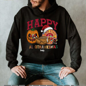 Funny HalloThanksMas Iowa State Cyclones Shirt, Personalized Holiday Tee with Pumpkin Football Santa Hat, NCAA Fan Gift for Halloween Thanksgiving Christmas