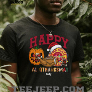 Funny HalloThanksMas Iowa State Cyclones Shirt, Personalized Holiday Tee with Pumpkin Football Santa Hat, NCAA Fan Gift for Halloween Thanksgiving Christmas