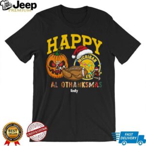 Funny HalloThanksMas Michigan Wolverines Shirt, Personalized Holiday Tee with Pumpkin Football Santa Hat, NCAA Fan Gift for Halloween Thanksgiving Christmas