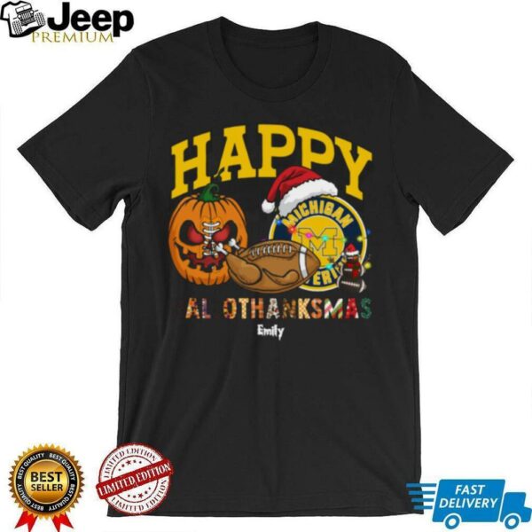 Funny HalloThanksMas Michigan Wolverines Shirt, Personalized Holiday Tee with Pumpkin Football Santa Hat, NCAA Fan Gift for Halloween Thanksgiving Christmas