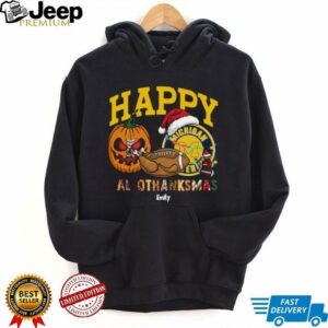 Funny HalloThanksMas Michigan Wolverines Shirt, Personalized Holiday Tee with Pumpkin Football Santa Hat, NCAA Fan Gift for Halloween Thanksgiving Christmas