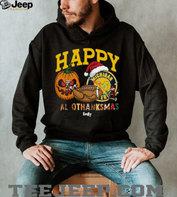 Funny HalloThanksMas Michigan Wolverines Shirt, Personalized Holiday Tee with Pumpkin Football Santa Hat, NCAA Fan Gift for Halloween Thanksgiving Christmas