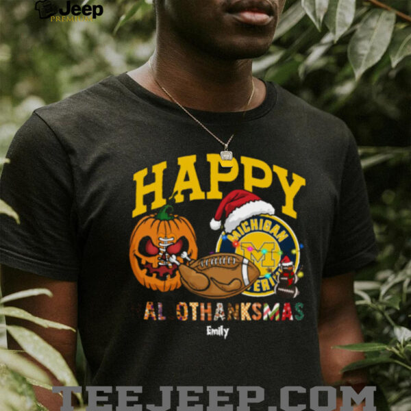 Funny HalloThanksMas Michigan Wolverines Shirt, Personalized Holiday Tee with Pumpkin Football Santa Hat, NCAA Fan Gift for Halloween Thanksgiving Christmas