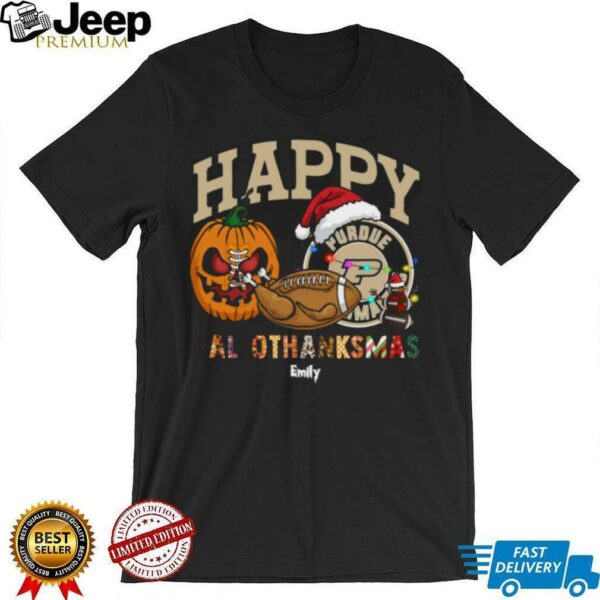 Funny HalloThanksMas Purdue Boilermakers Shirt, Personalized Holiday Tee with Pumpkin Football Santa Hat, NCAA Fan Gift for Halloween Thanksgiving Christmas
