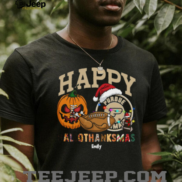 Funny HalloThanksMas Purdue Boilermakers Shirt, Personalized Holiday Tee with Pumpkin Football Santa Hat, NCAA Fan Gift for Halloween Thanksgiving Christmas
