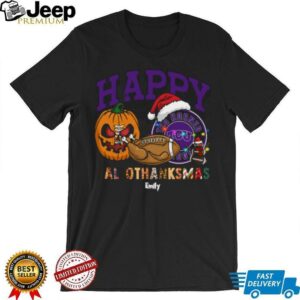 Funny HalloThanksMas TCU Horned Frogs Shirt, Personalized Holiday Tee with Pumpkin Football Santa Hat, NCAA Fan Gift for Halloween Thanksgiving Christmas