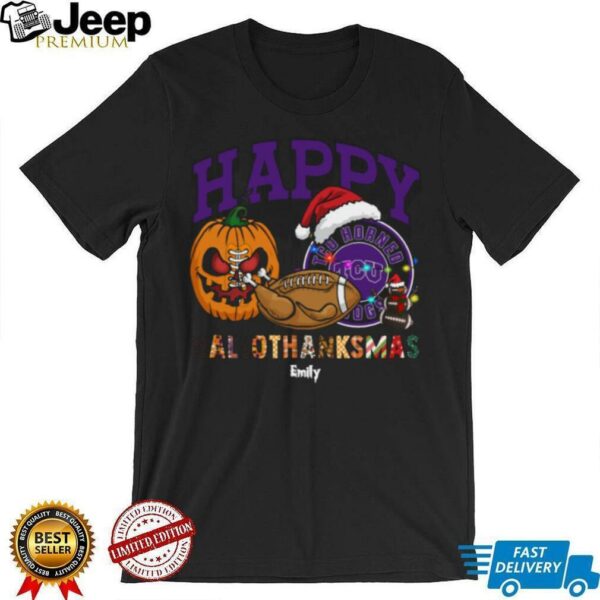 Funny HalloThanksMas TCU Horned Frogs Shirt, Personalized Holiday Tee with Pumpkin Football Santa Hat, NCAA Fan Gift for Halloween Thanksgiving Christmas