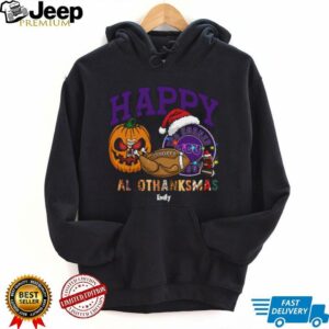 Funny HalloThanksMas TCU Horned Frogs Shirt, Personalized Holiday Tee with Pumpkin Football Santa Hat, NCAA Fan Gift for Halloween Thanksgiving Christmas