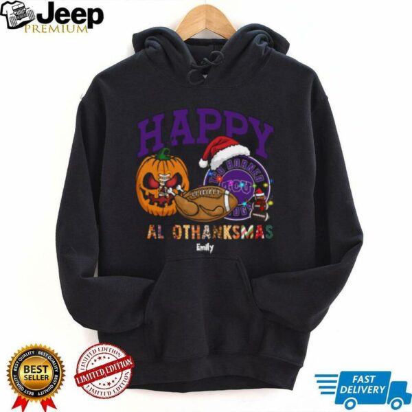 Funny HalloThanksMas TCU Horned Frogs Shirt, Personalized Holiday Tee with Pumpkin Football Santa Hat, NCAA Fan Gift for Halloween Thanksgiving Christmas