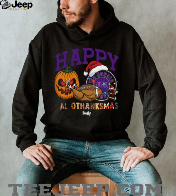 Funny HalloThanksMas TCU Horned Frogs Shirt, Personalized Holiday Tee with Pumpkin Football Santa Hat, NCAA Fan Gift for Halloween Thanksgiving Christmas
