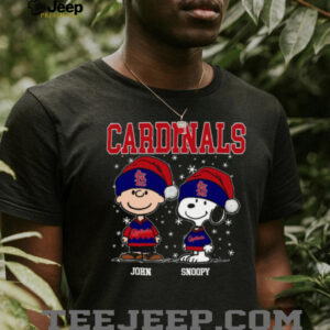 Funny Snoopy Charlie Brown Christmas Shirt, Personalized St. Louis Cardinals Holiday Baseball Tee with Santa Hat, MLB Gift