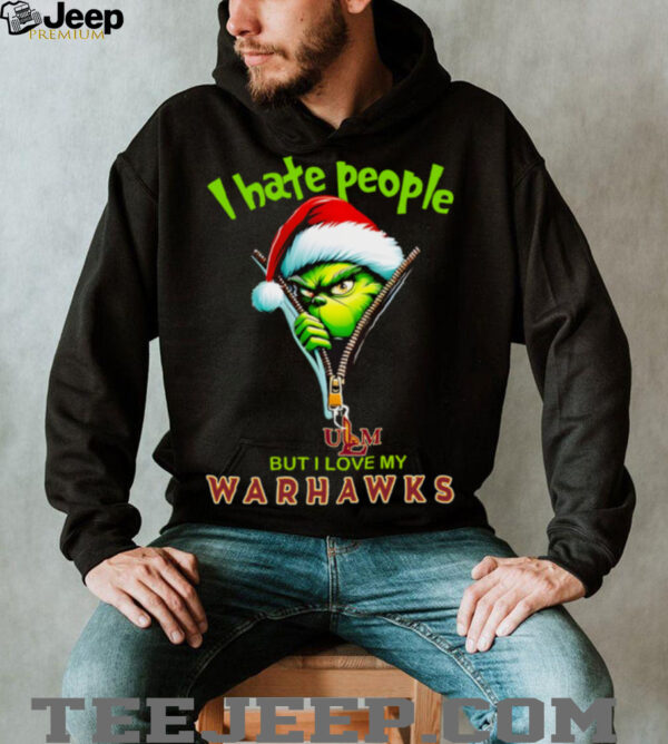 Grinch Santa Hat I Hate People But I Love My ULM Warhawks Christmas Logo Shirt Clothing
