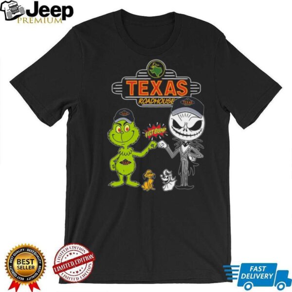 Grinch And Jack Skellington Fist Bump Friends Texas Roadhouse Halloween Logo Shirt