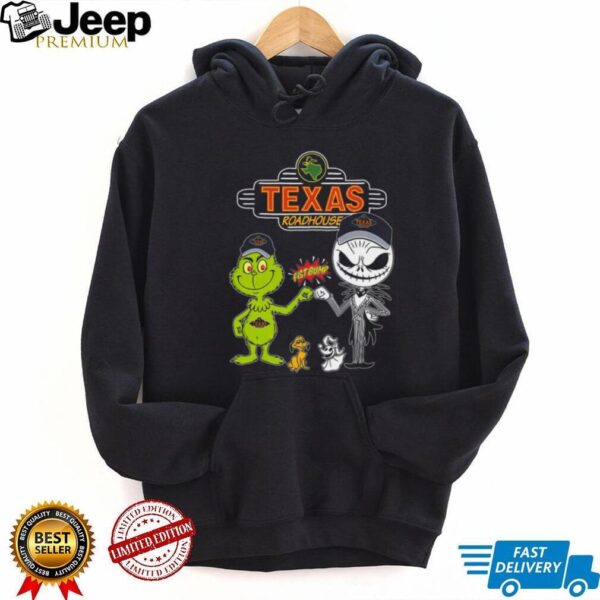 Grinch And Jack Skellington Fist Bump Friends Texas Roadhouse Halloween Logo Shirt