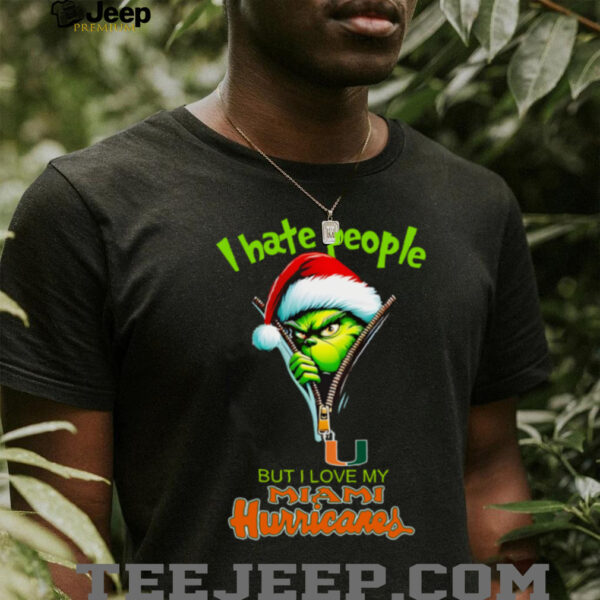 Grinch Santa Hat I Hate People But I Love My Miami Hurricanes Christmas Logo Shirt Clothing