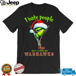 Grinch Santa Hat I Hate People But I Love My ULM Warhawks Christmas Logo Shirt Clothing