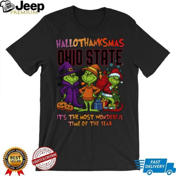 Grinch X Ohio State Buckeyes It’s The Most Wonderful Time Of The Year Happy Hallothanksmas T Shirt