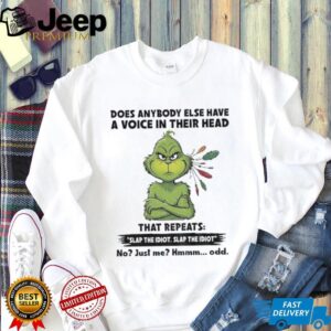 Grinch does anybody else have a voice in their head that repeats slap the idiot slap the idiot no just me hmm odd Christmas shirt