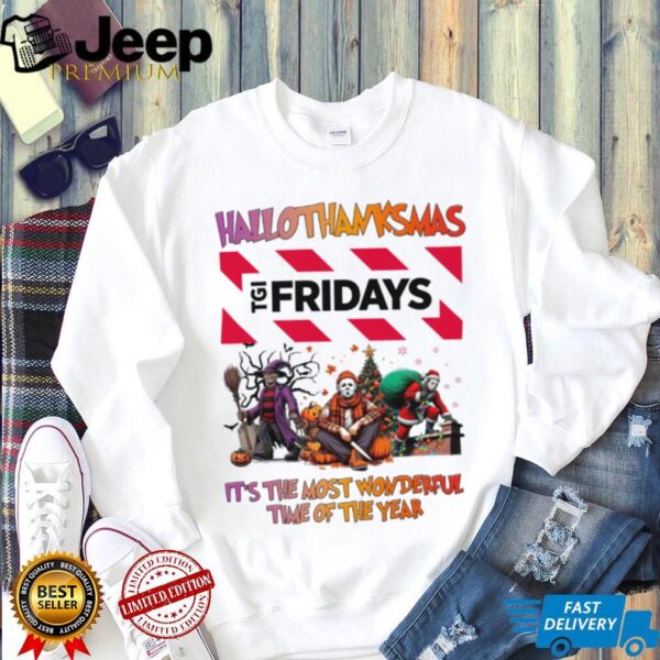 Halloween Thanksgiving Christmas Shirt Horror Movies X TGI Fridays Hallothanksmas Tee