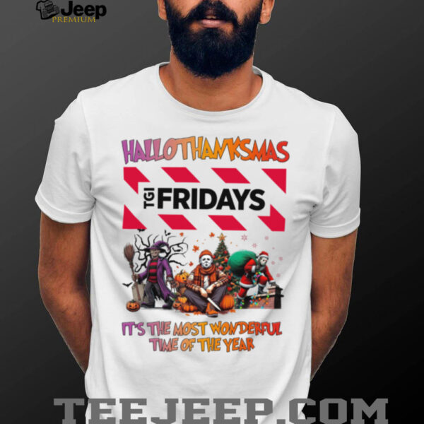 Halloween Thanksgiving Christmas Shirt Horror Movies X TGI Fridays Hallothanksmas Tee
