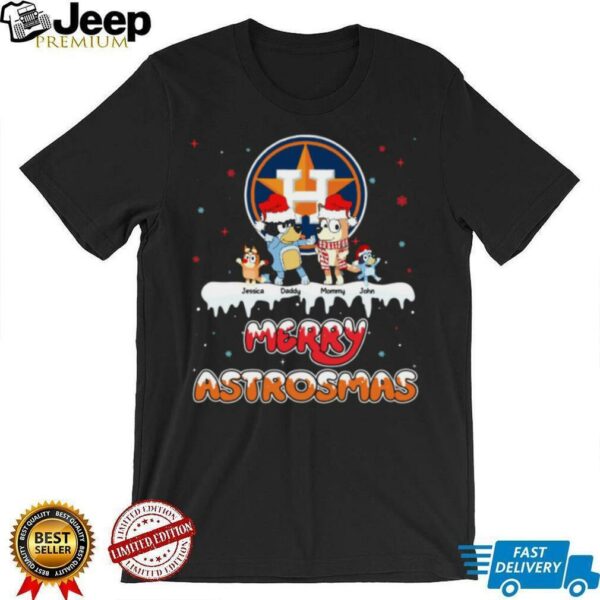 Houston Astros Bluey Family Christmas Shirt – Personalized MLB Fan Tee – Custom Name Holiday Outfit Gift for Baseball Fans
