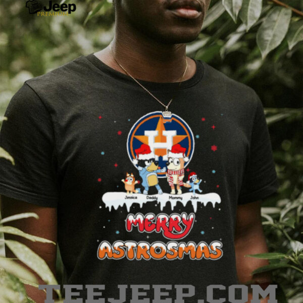 Houston Astros Bluey Family Christmas Shirt – Personalized MLB Fan Tee – Custom Name Holiday Outfit Gift for Baseball Fans